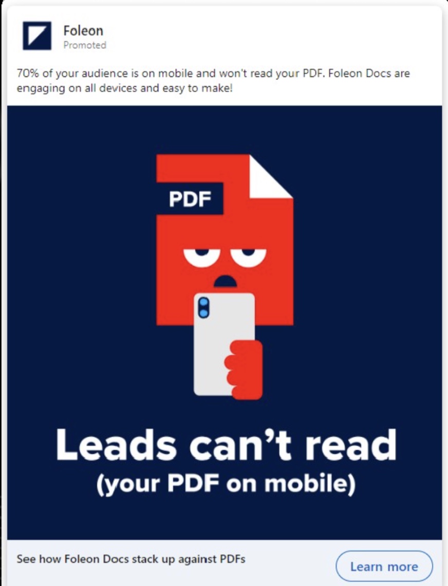 Foleon ad highlighting mobile-friendly documents, utilizing concise copy, a technique from great B2B ads.