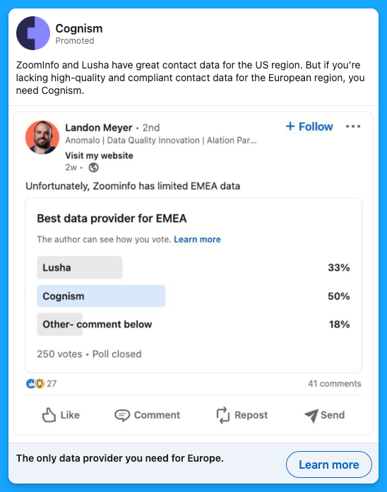 Cognism ad promoting EMEA data solutions, a targeted use of techniques from great B2B ads that are channel savy