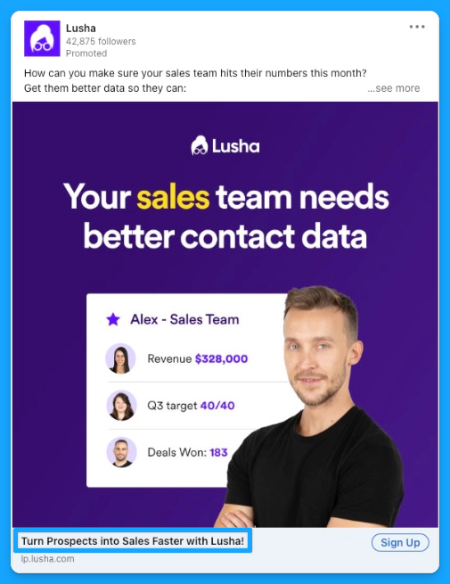 Lusha ad emphasizing better contact data for sales teams, showcasing techniques from great B2B ads with clear call to action.