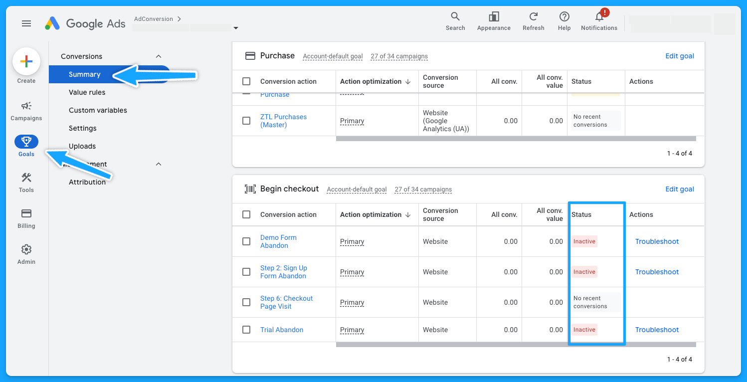 Google Ads manager platform view showing the summary of inactive conversion goals with troubleshooting options for a google ads audit