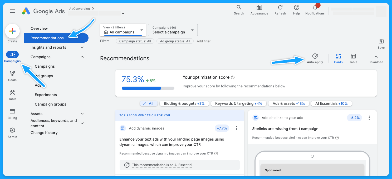 Google Ads manager platform showing the recommendation tab with optimization score and auto-apply options recommendations during a google ads audit.