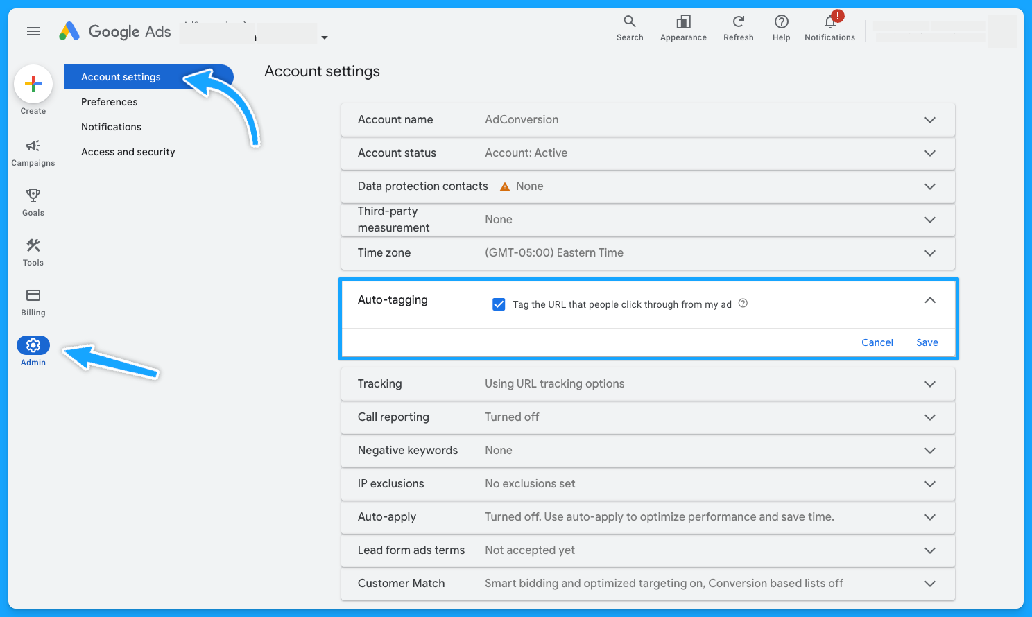 Google Ads manager platform view of auto-tagging enabled in account settings for improved tracking during a google ads audit.