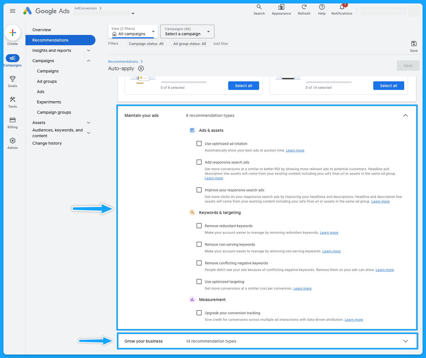 Google ads manager platform view showing the recommendations tab with all the auto-apply recommendations turned off for better control during a google ads audit