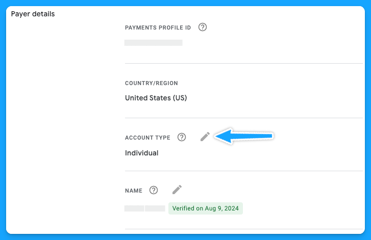 Google Ads manager platform payer details view