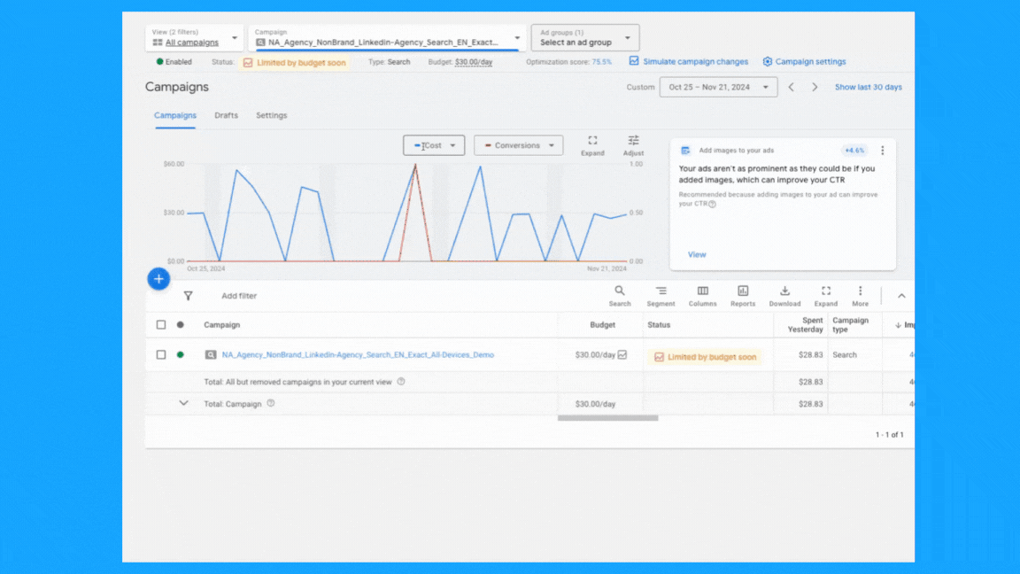 Google Ads manager platform view showing how to select the ad rotation option in your campaign during a google ads audit