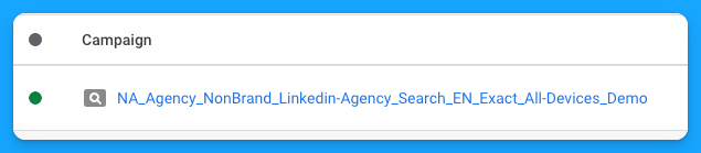 Google Ads manager platform view showing a campaign name listed with active status