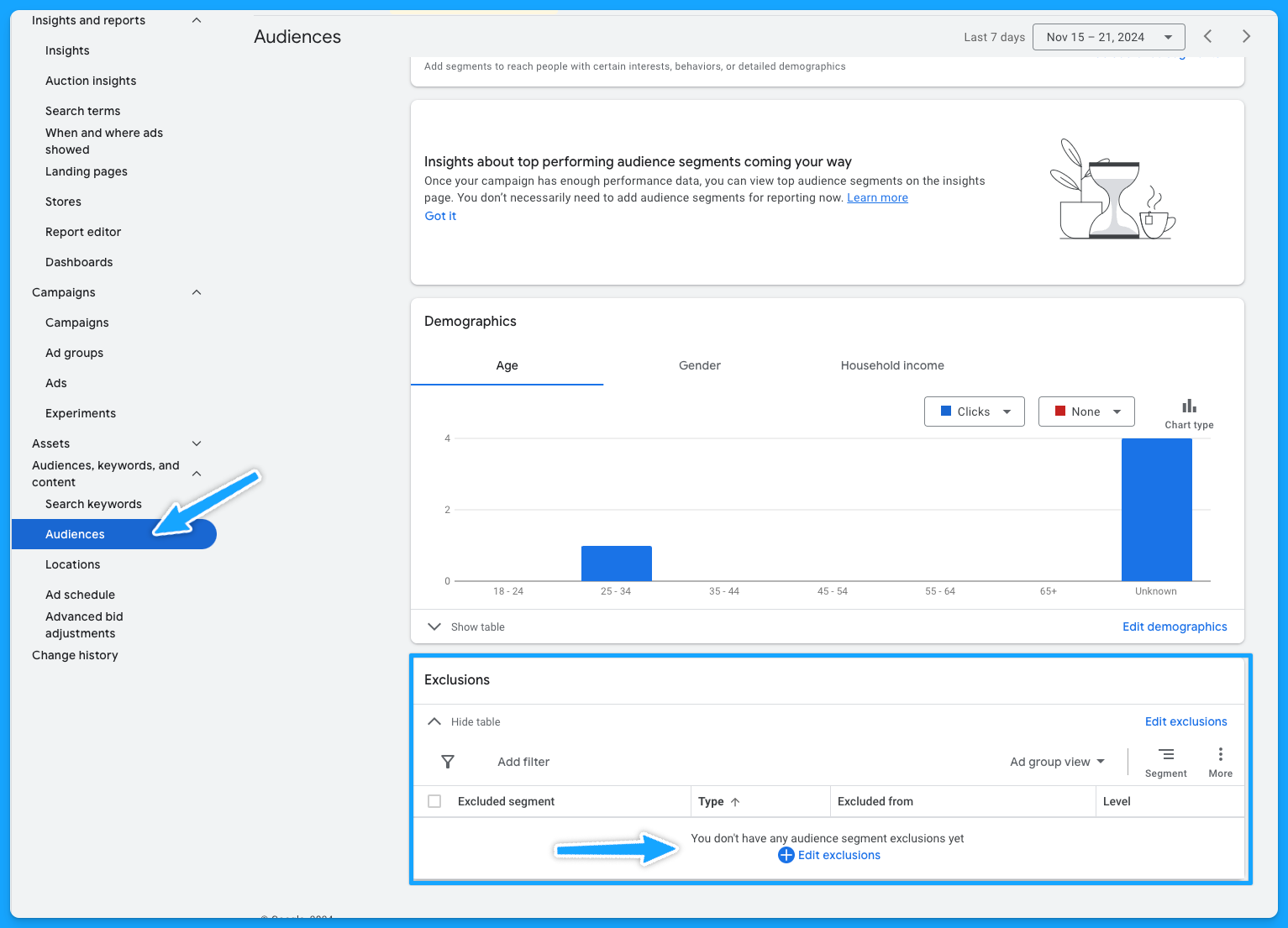 Google ads manager platform view showing how to see the audiences being excluded in a campaign during a google ads audit