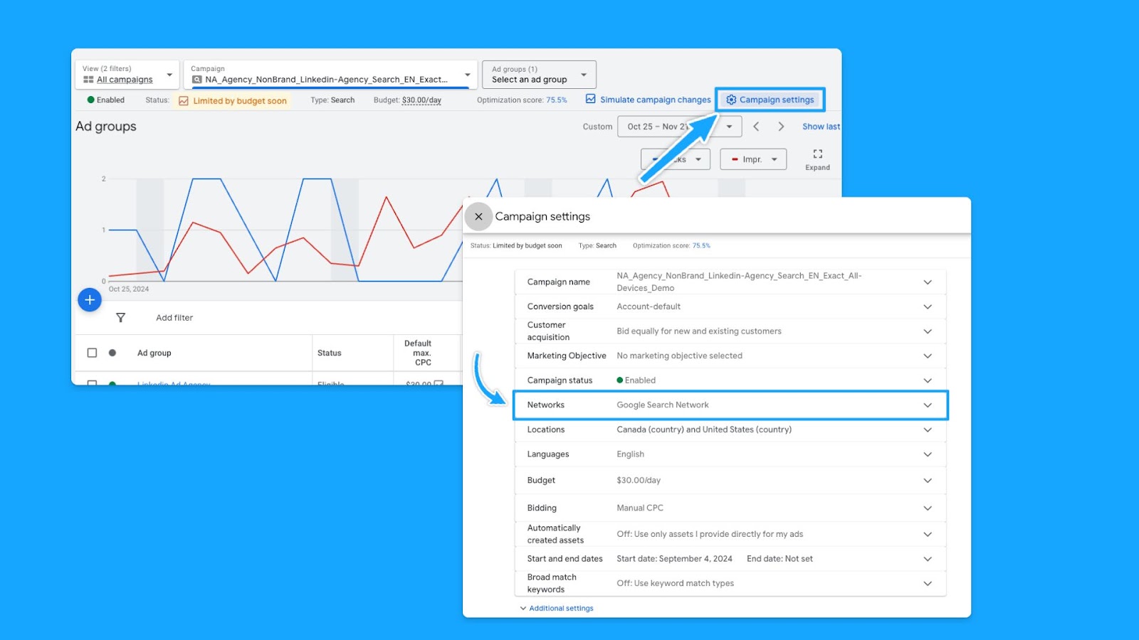 Google Ads manager platform view showing the campaign settings highlighting Google Search Network targeting for specific audience reach during a google ads audit