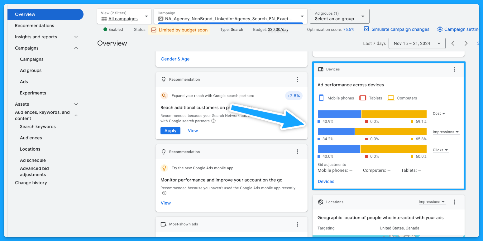 Google Ads manager platform view showing how to see the ad performance across device during a google ads audit