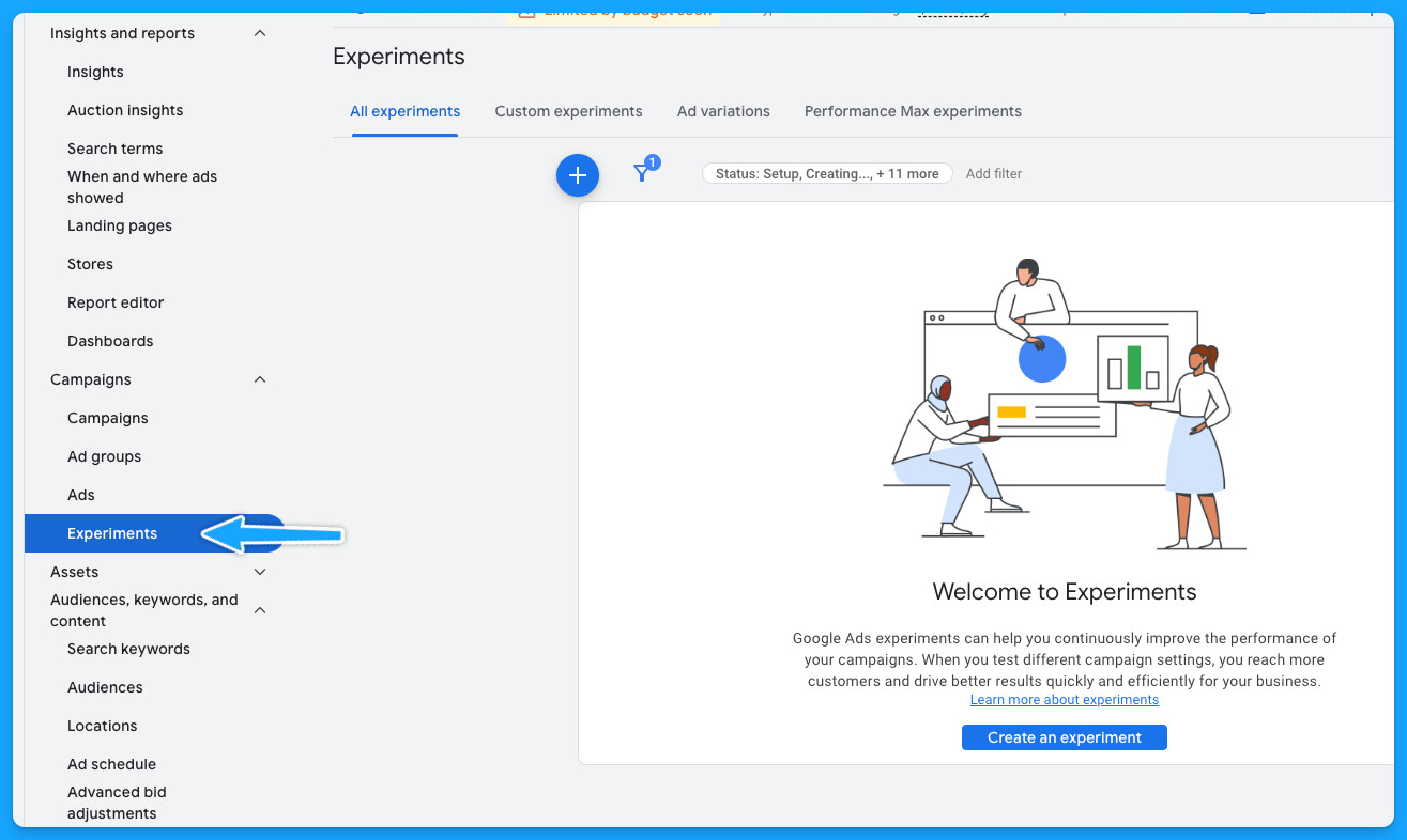 Google Ads manager platform view showing how to use the Experiments feature during a google ads audit