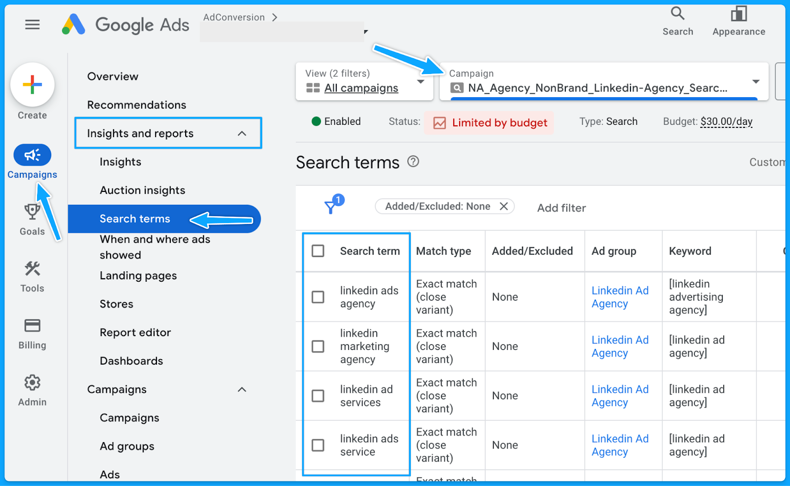 Google Ads manager platform insights page highlighting search terms used in campaigns and their match type for optimization during a google ads audit.