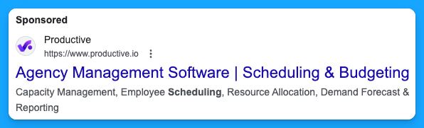 Google search results showing a sponsored ad promoting agency management software with features like scheduling and budgeting.