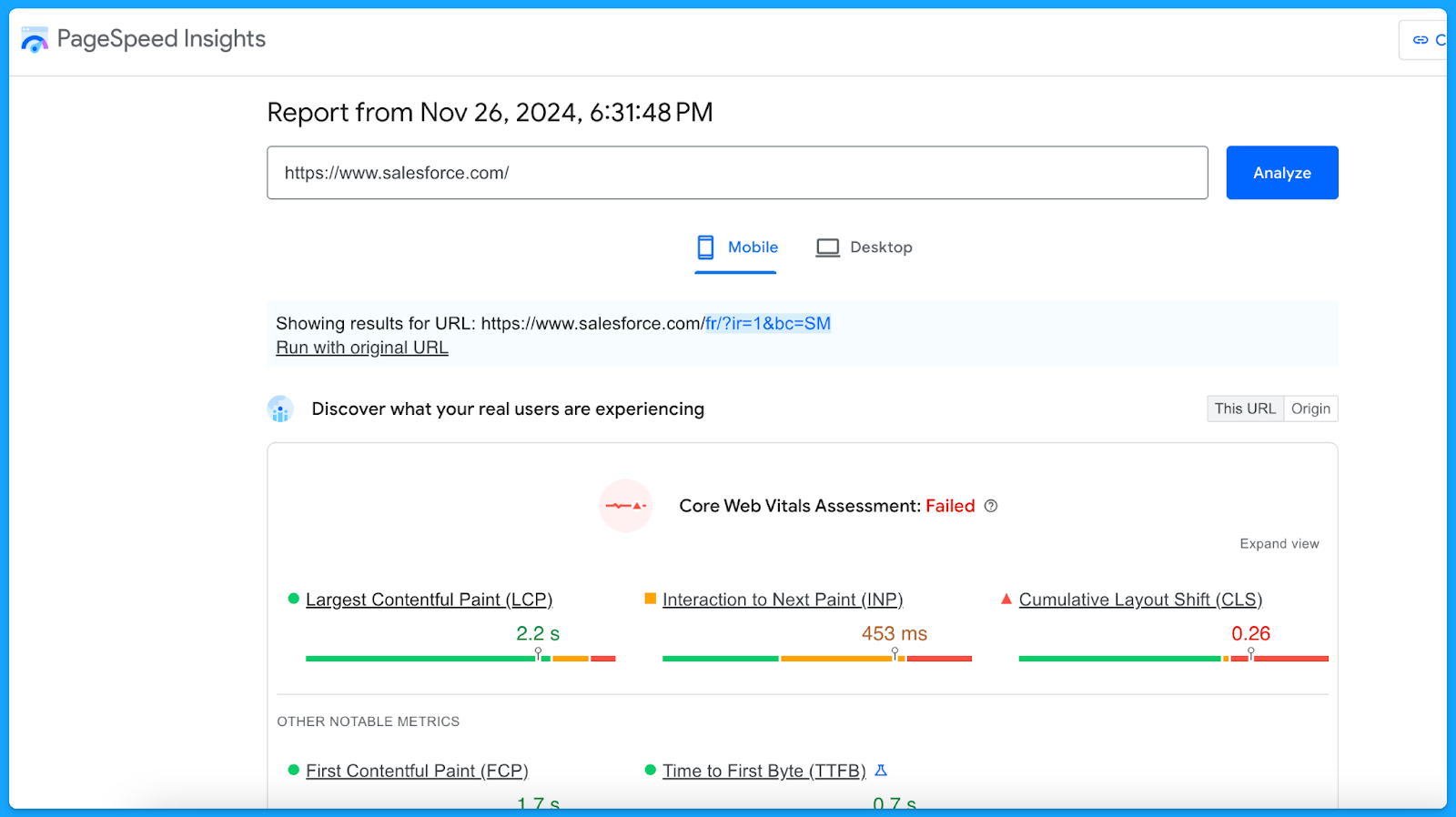 PageSpeed Insights report showing failed core web vitals with metrics for Salesforce mobile performance.