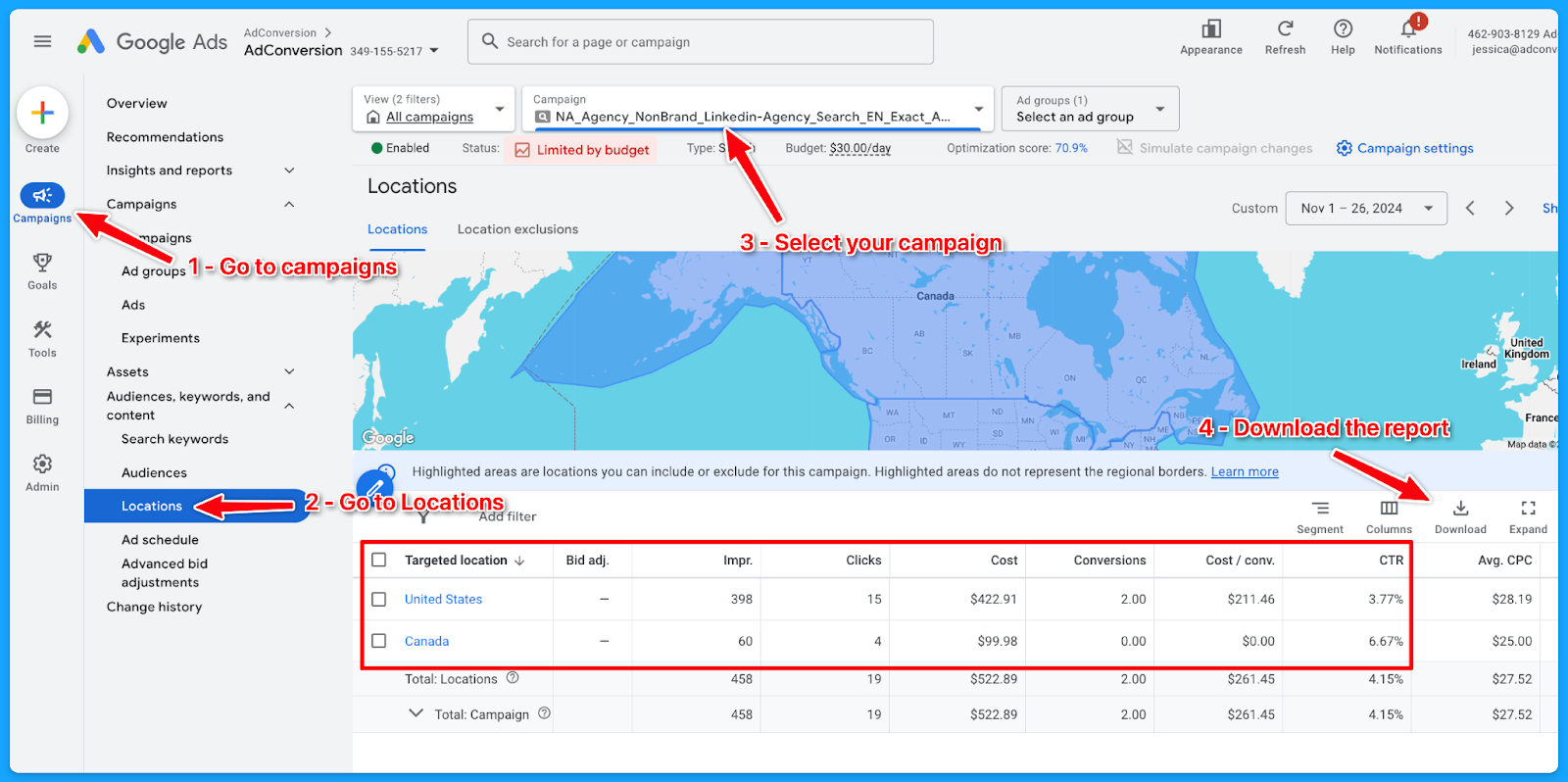 Google Ads manager platform showing the campaign location targeting report displaying impressions, clicks, conversions, and cost per conversion by region for a google ads audit.