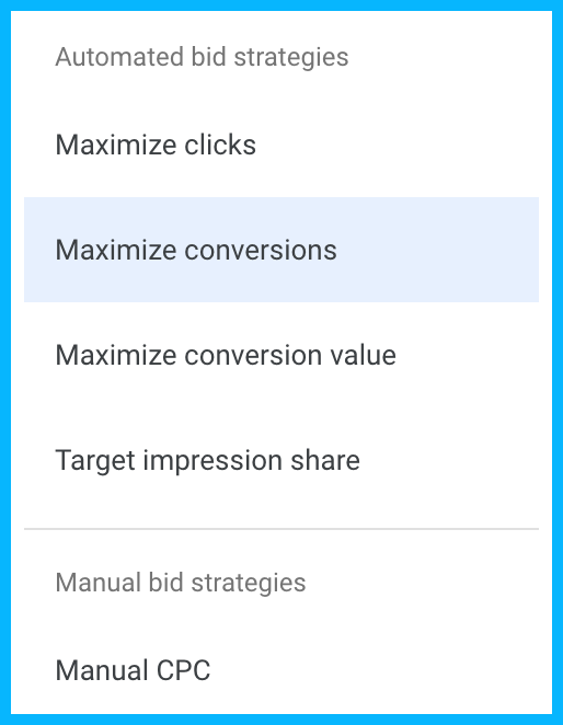 screenshot depicting automated bid strategies and manual bid strategies available within Google Ads