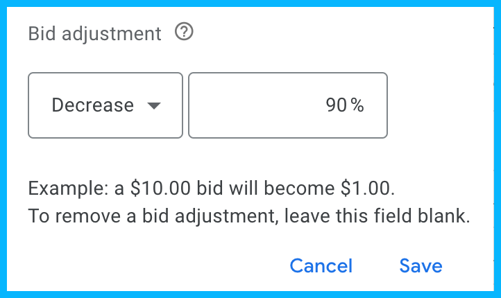 Screenshot depicting a negative bid adjustment of 90% on mobile devices in Google Ads