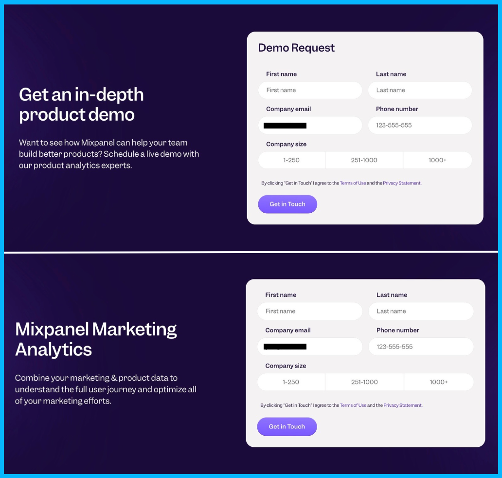 screenshot depicting customized landing pages for product analytics and marketing analytics experts