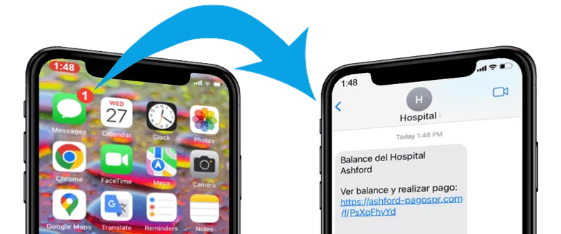 Dos teléfonos y una flecha representando un sms viajando de teléfono a otro.