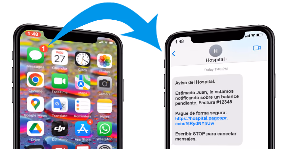 Dos teléfonos y una flecha representando un sms viajando de teléfono a otro.
