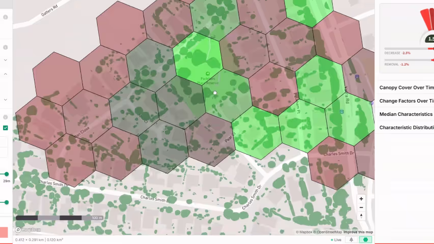 Screenshot of a hex-based machine learning tool that assesses geospatial canopy cover and urban heat