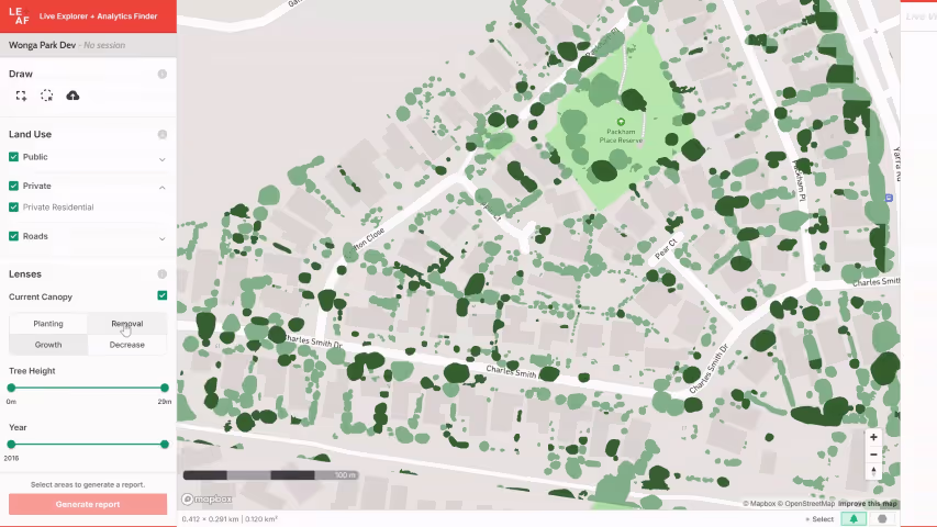 Screenshot of a geospatial analysis tool for councils that uses machine learning to assess canopy cover and urban heat