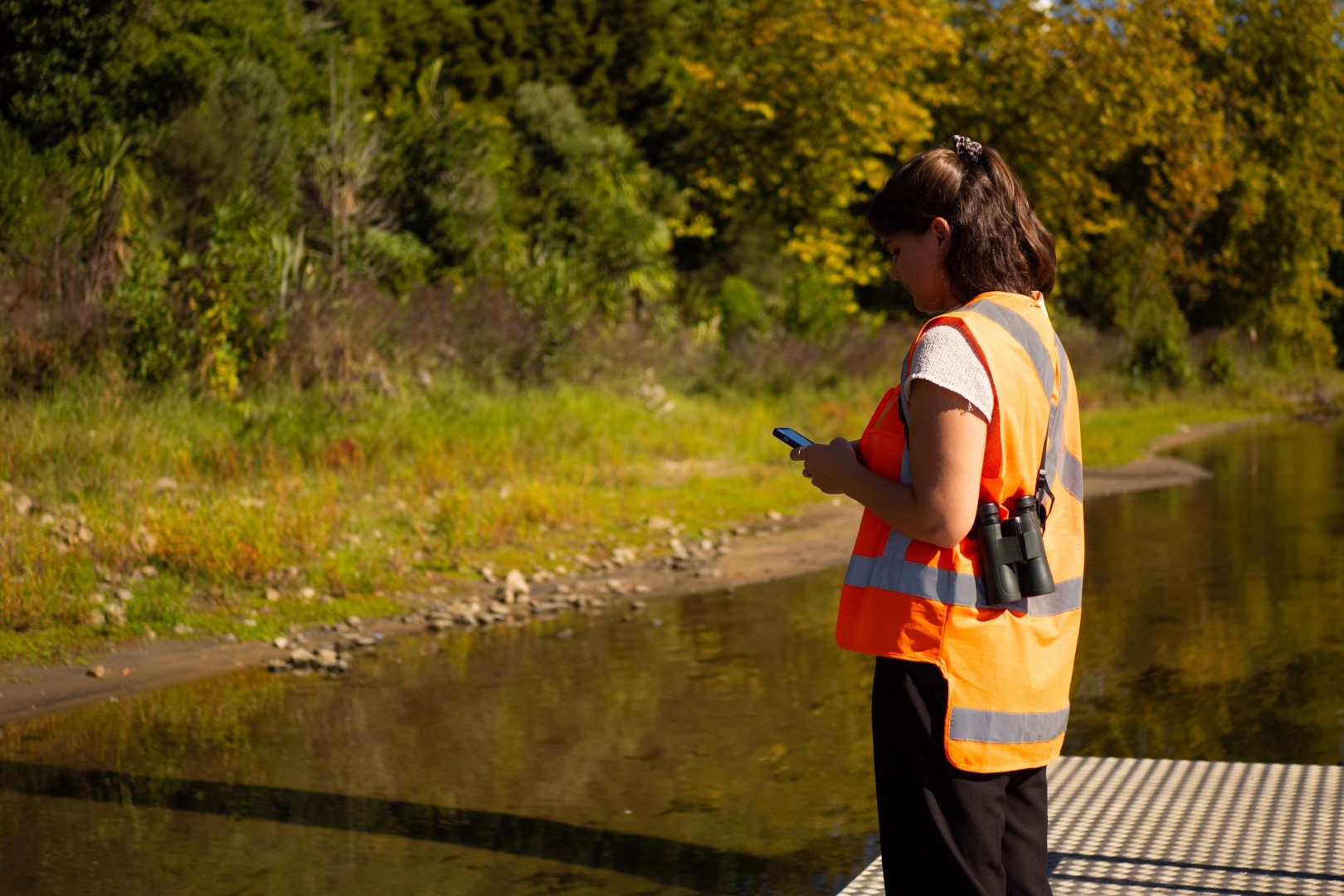 Morphum Environmental scientist assessing the riverbanks of a new zealand freshwater river