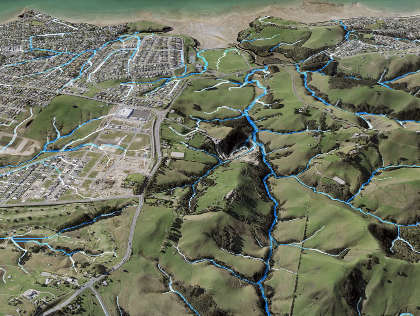 3D Render of the Freshwater Management Tool (FWMT) developed for Auckland Council by Morphum Environmental GIS experts and scientists