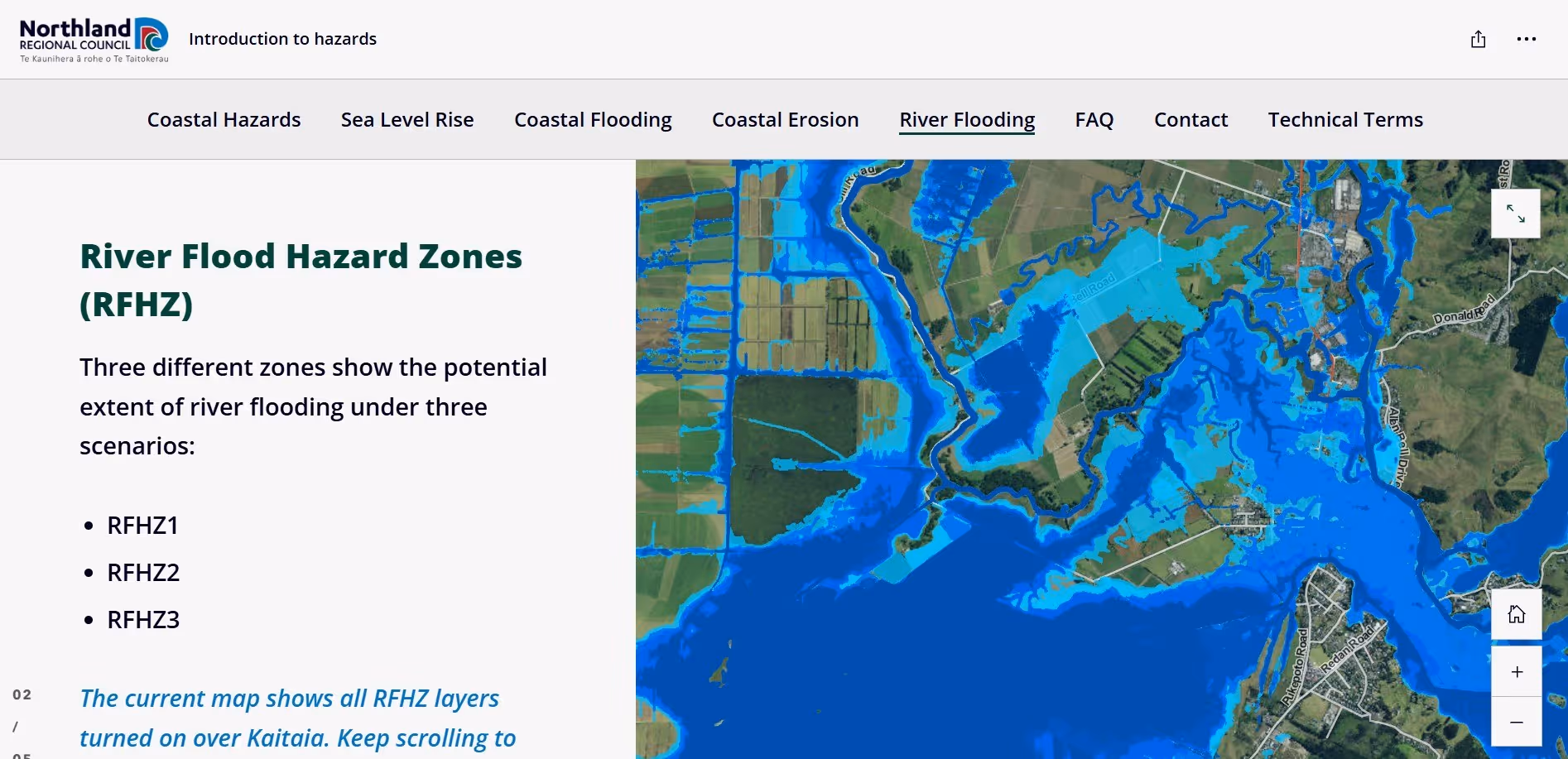 Screenshot of a storymap used to communicate  climate change and natural hazard risk to a community developed for a New Zealand Council