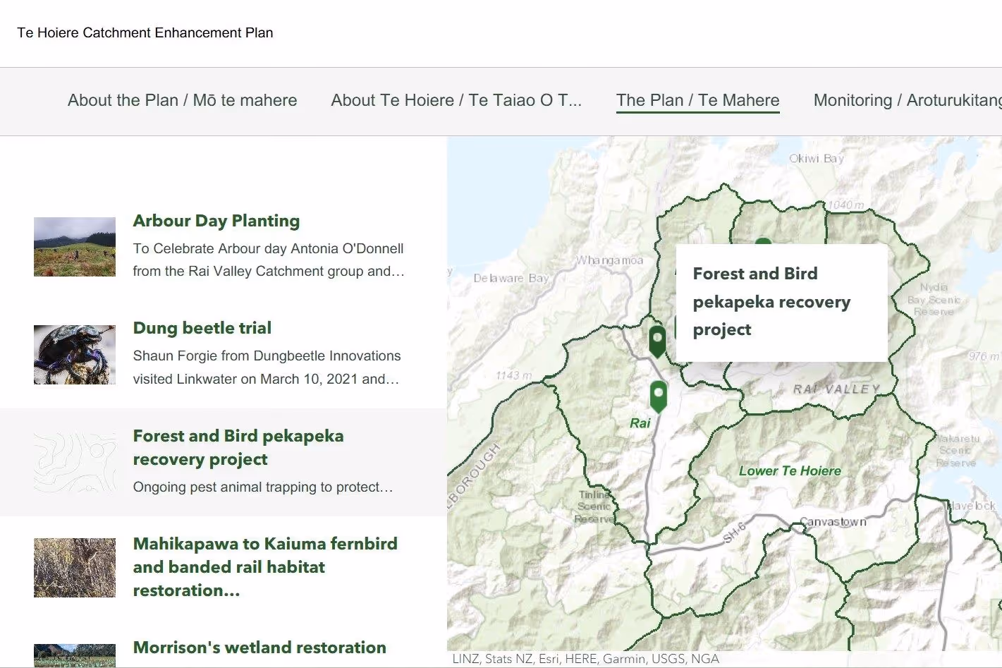 Screenshot of a catchment management plan communication tool developed in arcGIS storymaps to inclde interactive pieces such as maps and datasets