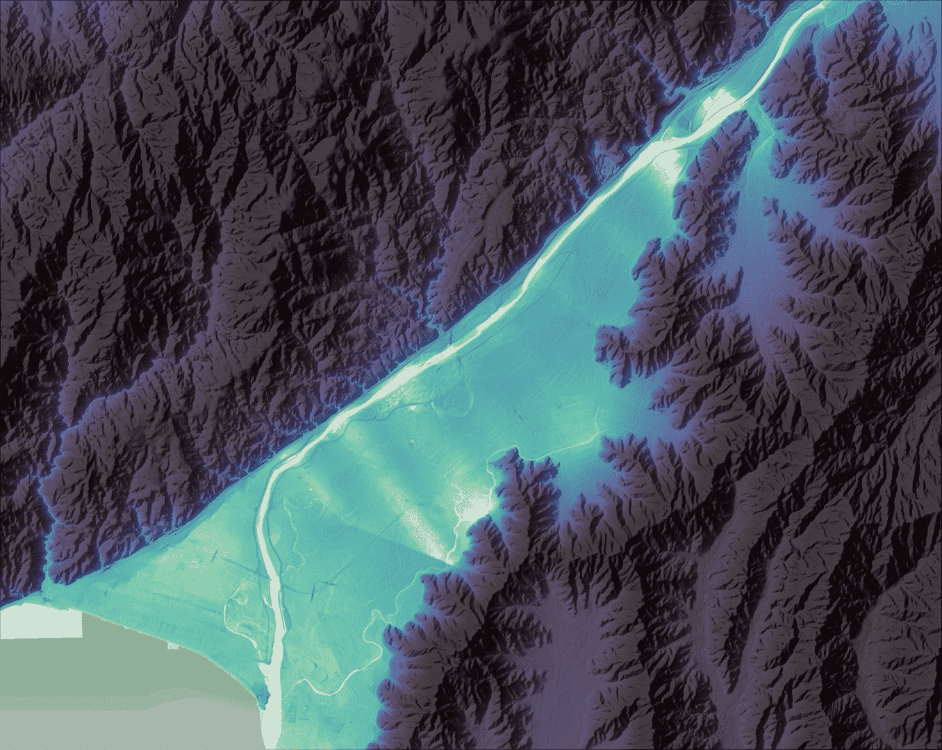 A flood risk map analysis highlighting where floodplains and highest hydrological risks lie in a New Zealand catchment