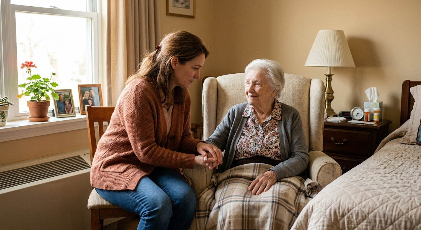 Caregiver compassionately pushing elderly person in wheelchair during golden sunset — representing the standard of care nursing home residents deserve