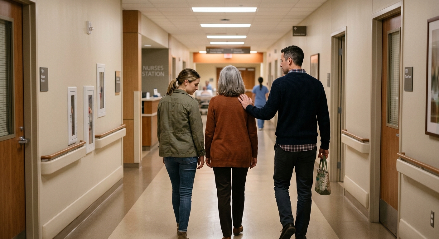 Two figures walking together along a winding path through green hills — representing the difficult journey families face when dealing with bedsore-related sepsis and neglect