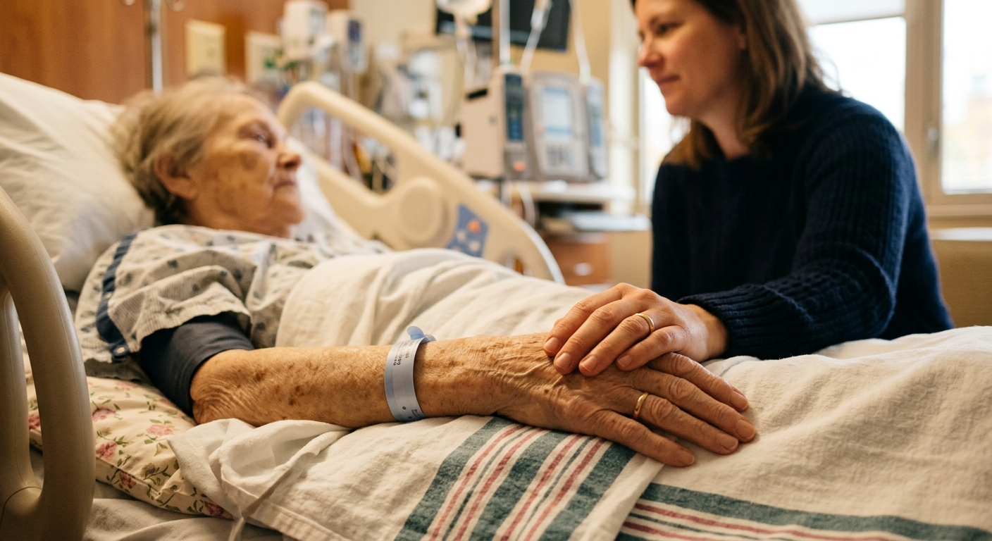 Daughter holding her elderly mother's hand at a hospital bedside — understanding what bedsores are