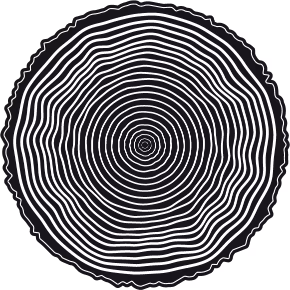 Het logo van Hinde. Geïnspireerd op de jaarringen van een boom.