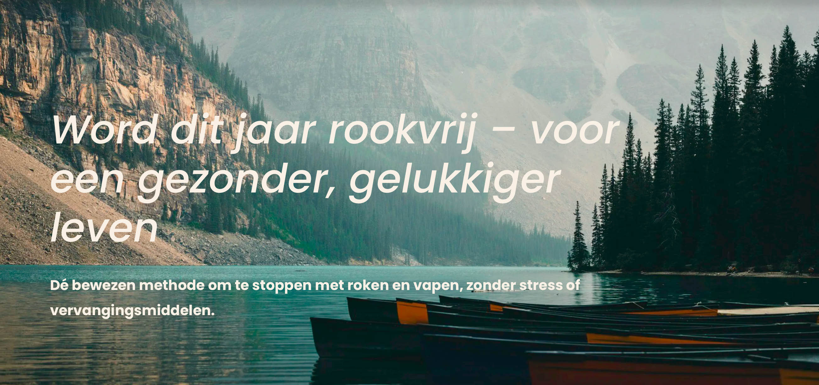 Meer omgeven door bergen en dennenbomen met kano's in het water op een mistige dag.