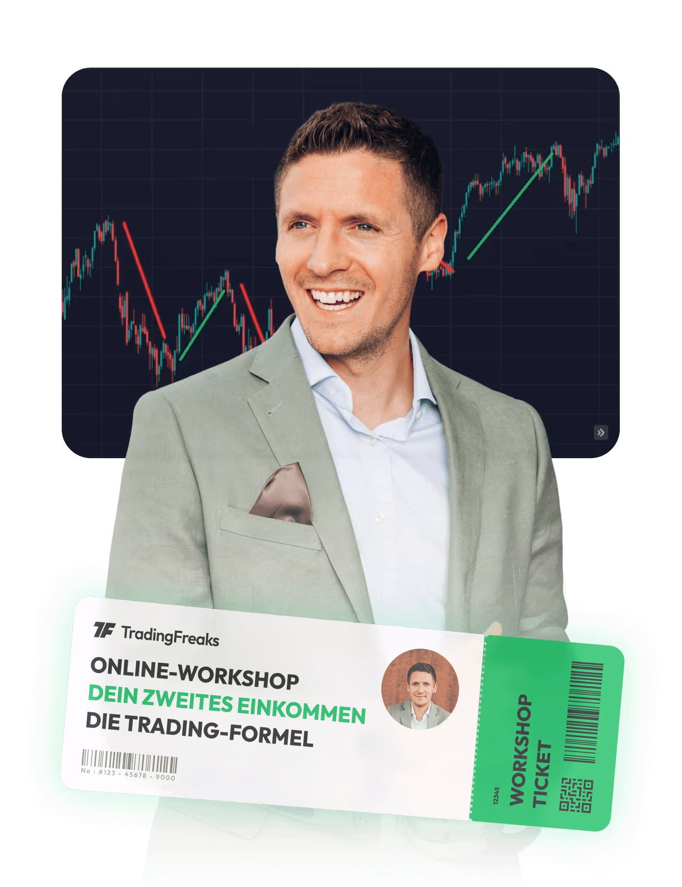 Mann im Anzug vor einem Aktienchart, lächelnd. Grüner Workshop-Ticket für Online-Tradingkurs sichtbar.