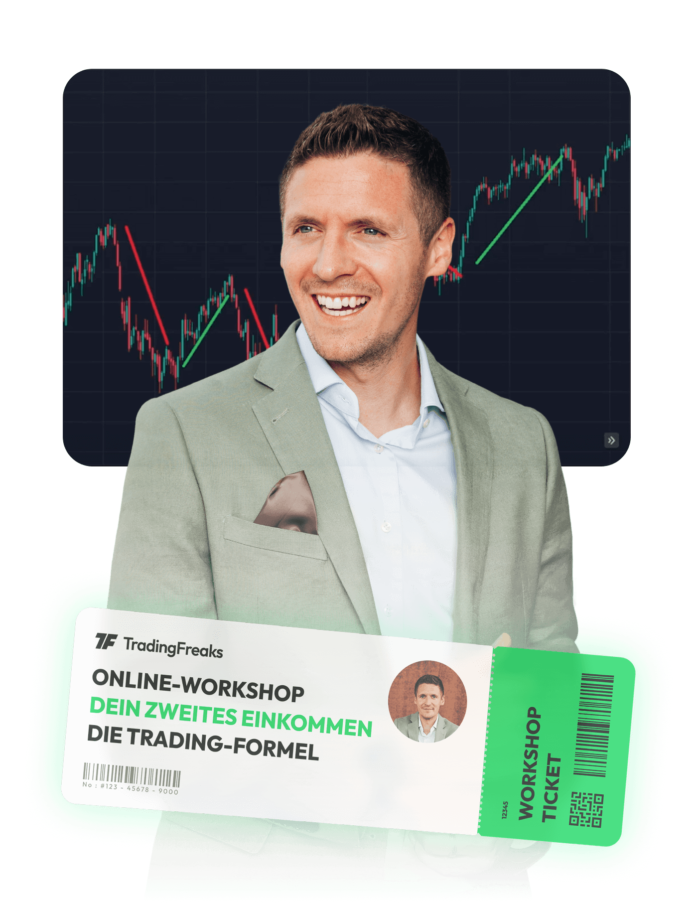 Mann im Anzug vor einem Aktienchart, lächelnd. Grüner Workshop-Ticket für Online-Tradingkurs sichtbar.