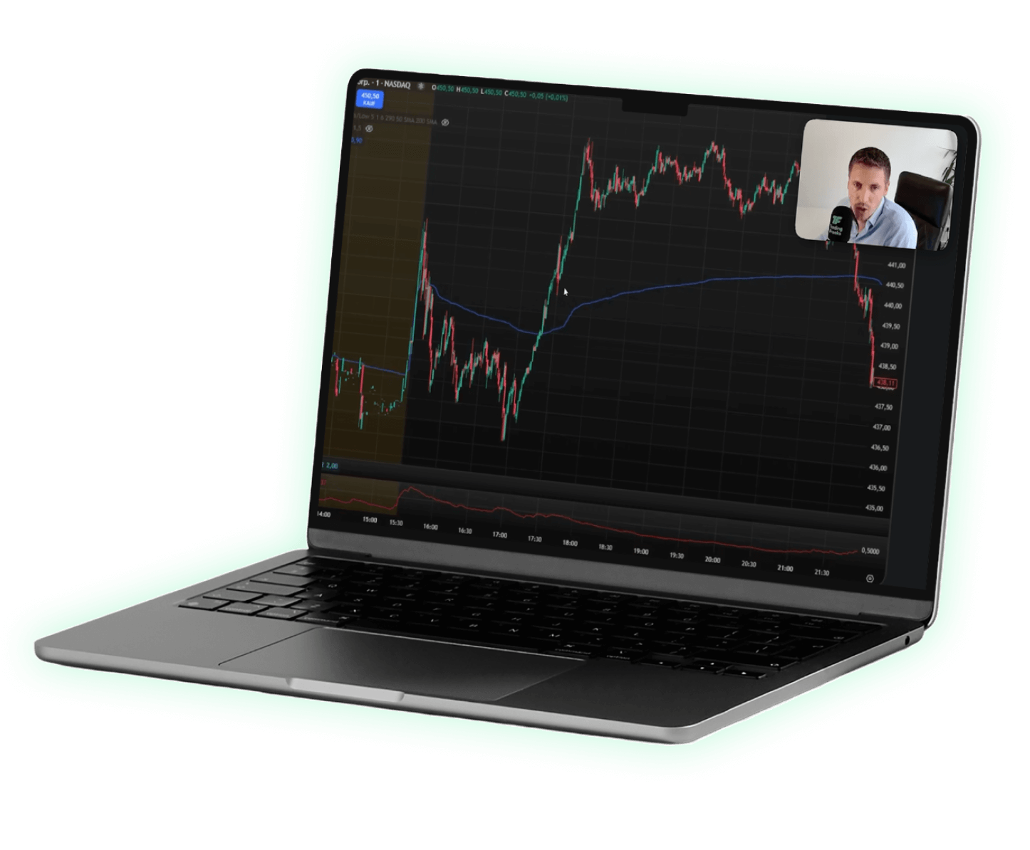 Laptop mit Handelsdiagramm und Videokonferenz; Kursverlauf auf schwarzem Bildschirm mit leuchtendem Rand.