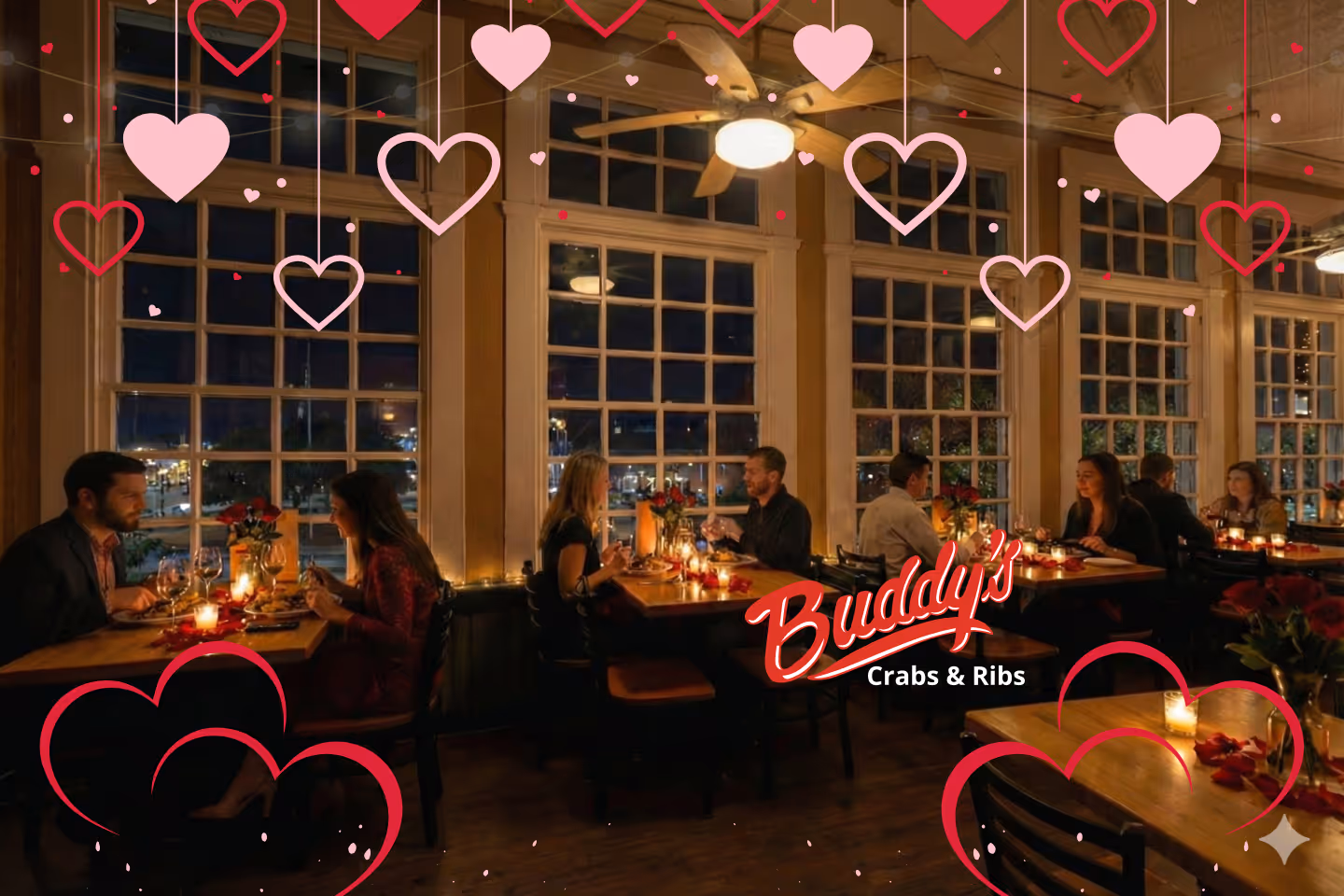 Guests enjoying seafood and waterfront views at Buddy’s Crabs & Ribs in Downtown Annapolis during Memorial Day Weekend, with patriotic decorations and Naval Academy families celebrating nearby.