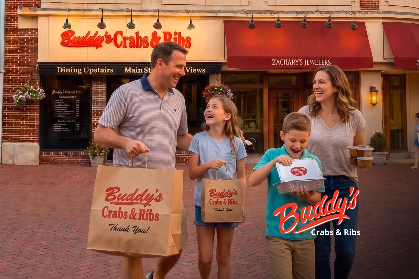 Guests enjoying seafood and waterfront views at Buddy’s Crabs & Ribs in Downtown Annapolis during Memorial Day Weekend, with patriotic decorations and Naval Academy families celebrating nearby.
