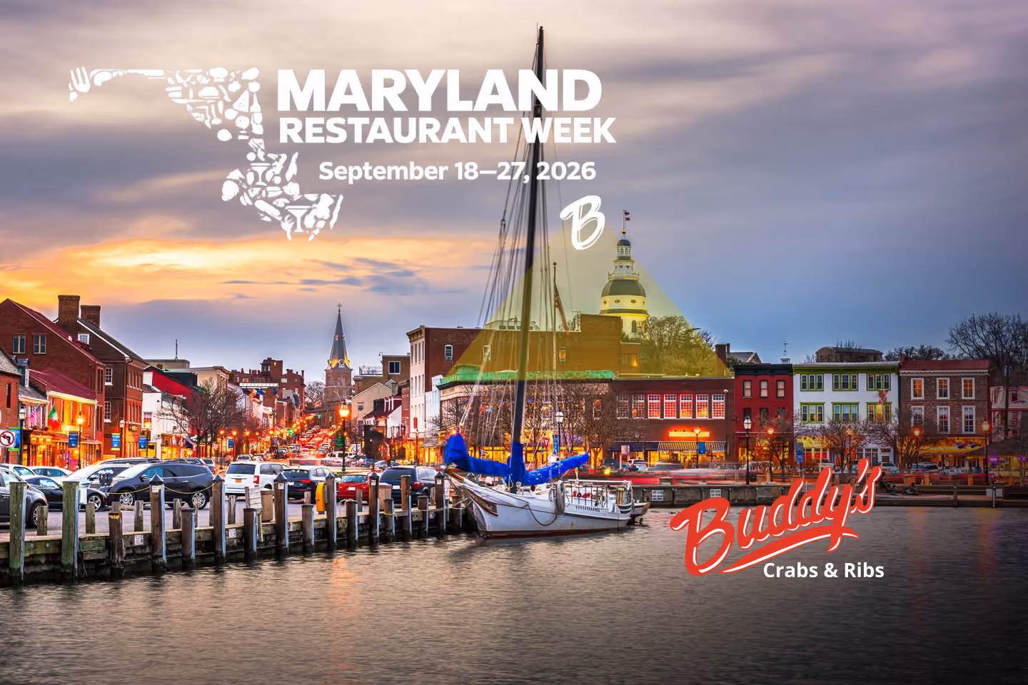 Guests enjoying seafood and waterfront views at Buddy’s Crabs & Ribs in Downtown Annapolis during Memorial Day Weekend, with patriotic decorations and Naval Academy families celebrating nearby.