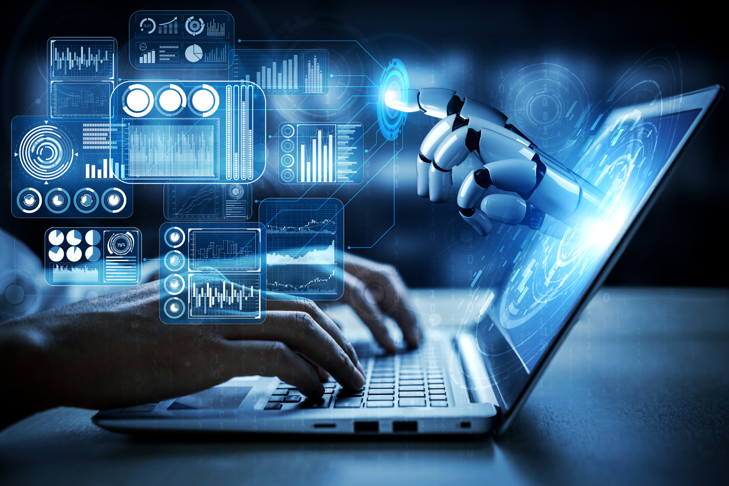 A representation of AI - use cases emerging from a laptop as a human interacts with it