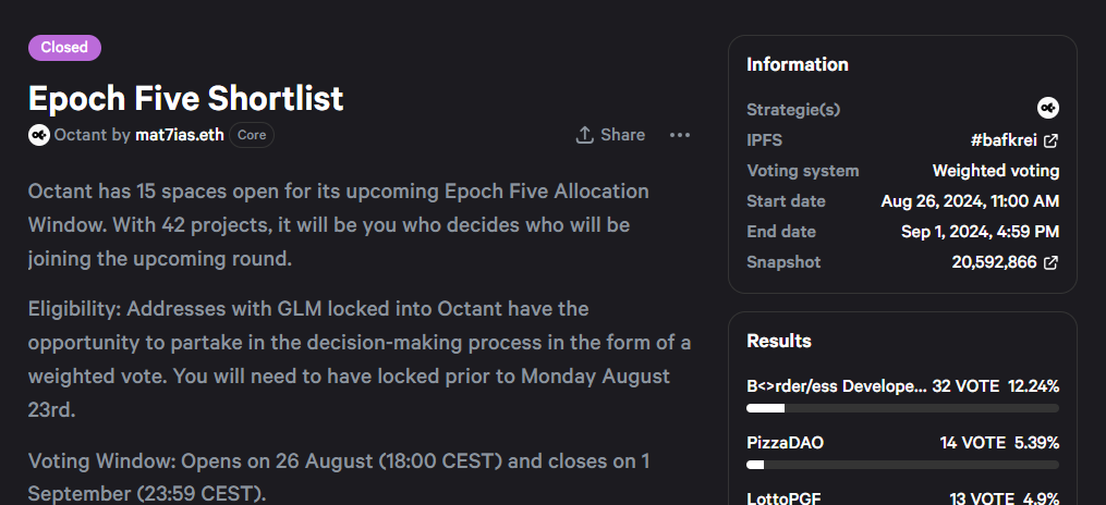 Screenshot of Epoch Five Shortlist page on Snapshot