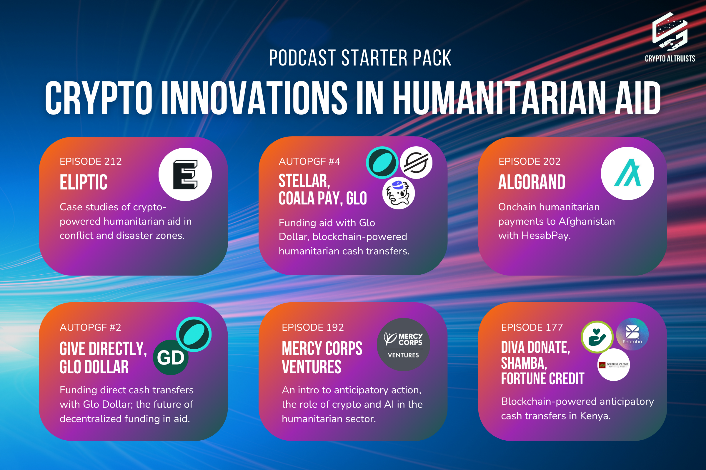 Cover Image listing episodes in starter pack - Episode 212, Eliptic; AutoPGF #4, Stellar & Coala Pay; Episode 202, Algorand; AutoPGF #2,Give Directly, Episode 192, Mercy Corps Ventures; Episode 177, Diva Donate & Shamba