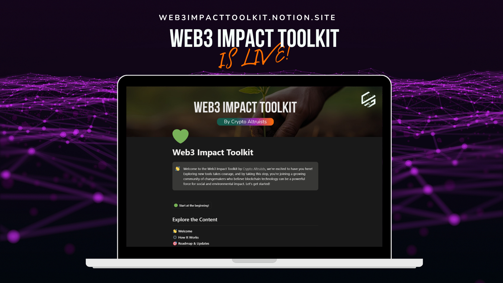 A laptop with the homepage for the Web3 Impact Toolkit displaying on the screen.