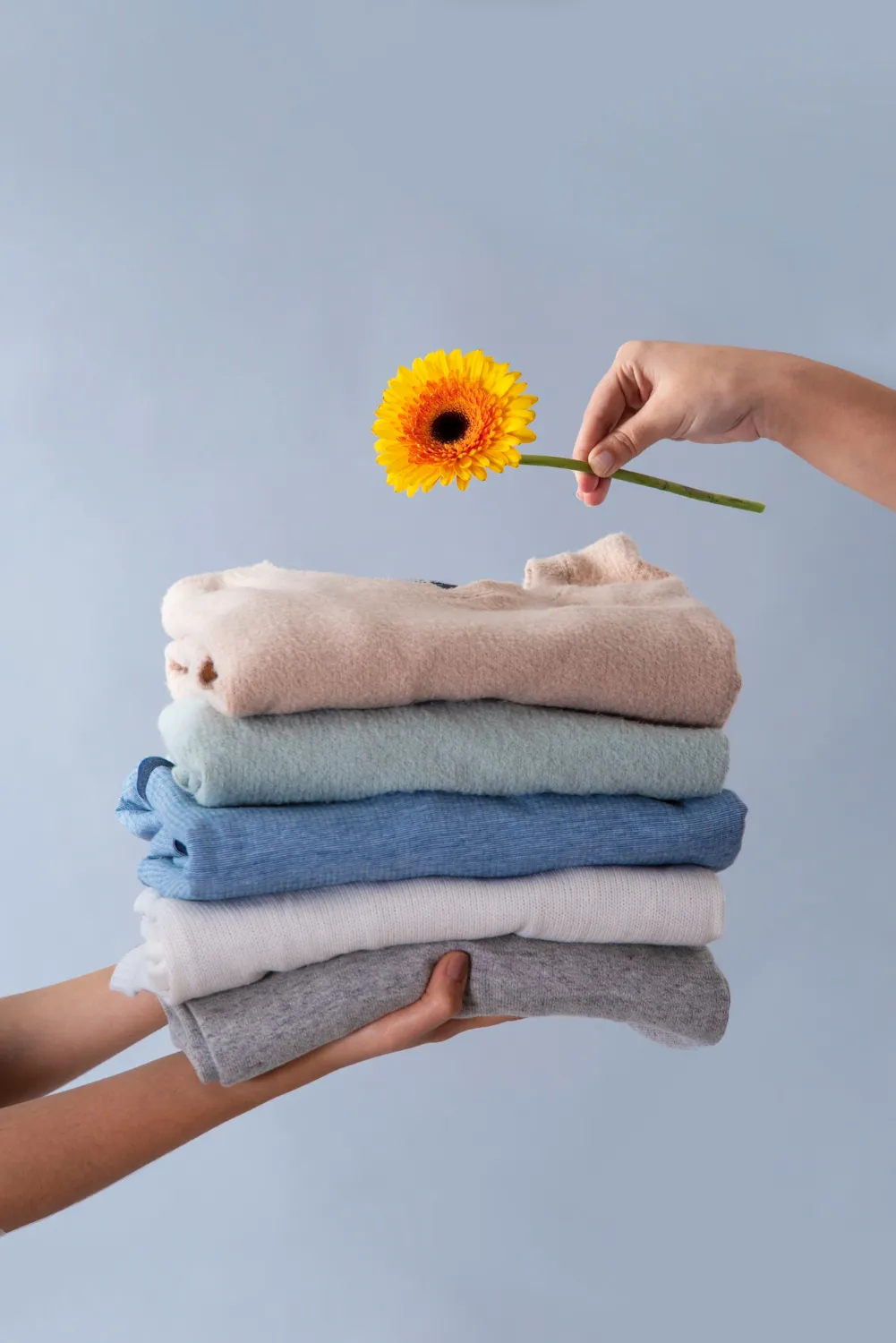 Two hands holding a stack of folded sweaters in neutral tones, with a hand holding a yellow flower above them against a light blue background.