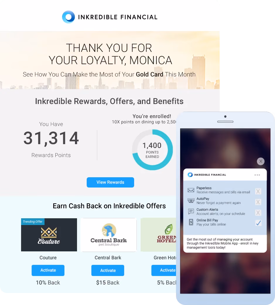 Inkredible Finance email with personalized messaging for Monica