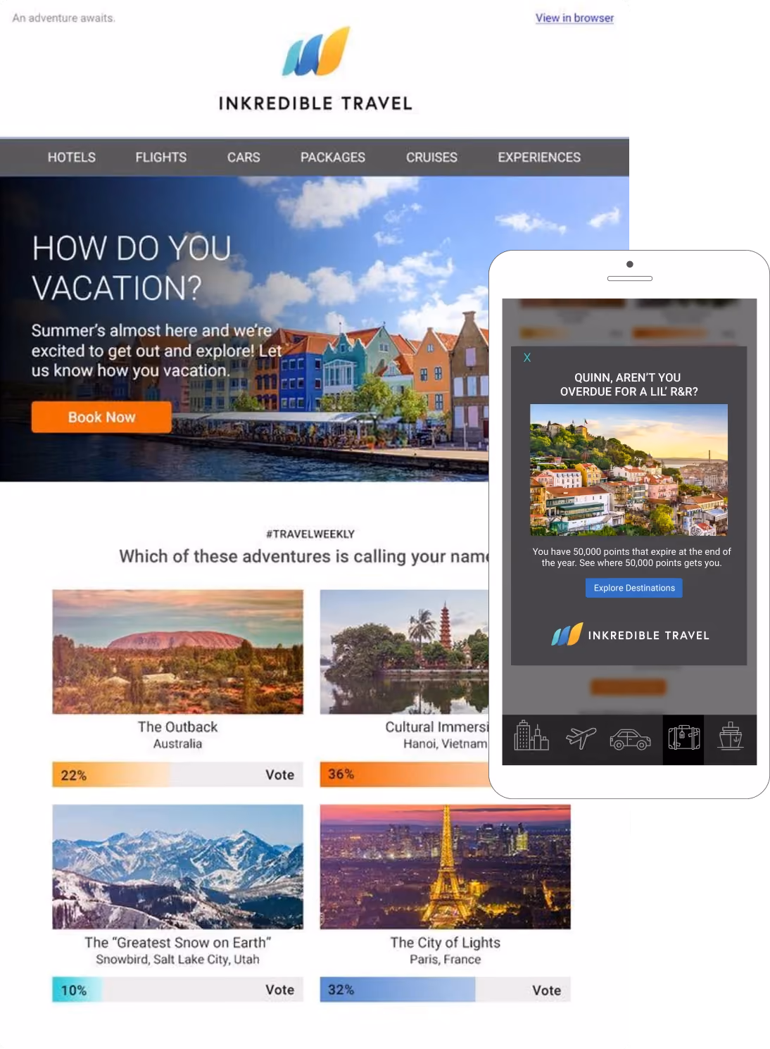 Travel-themed webpage with colorful waterfront houses, vacation poll featuring Australia, Vietnam, Utah, and Paris, and a mobile pop-up about expiring points.