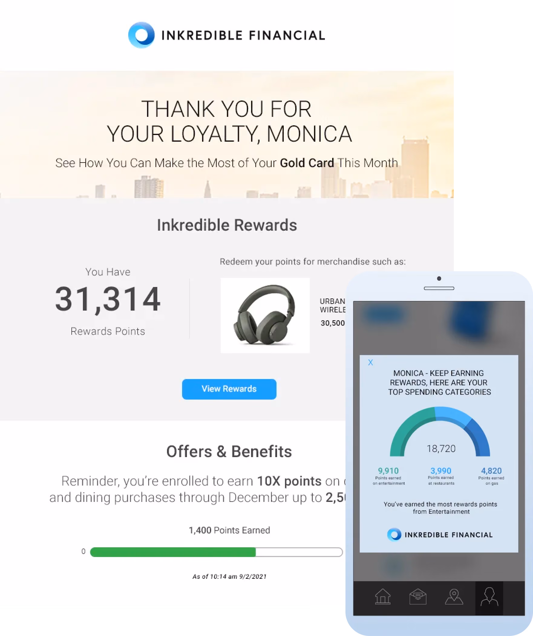Inkredible Finance email with personalized messaging for Monica's loyalty rewards