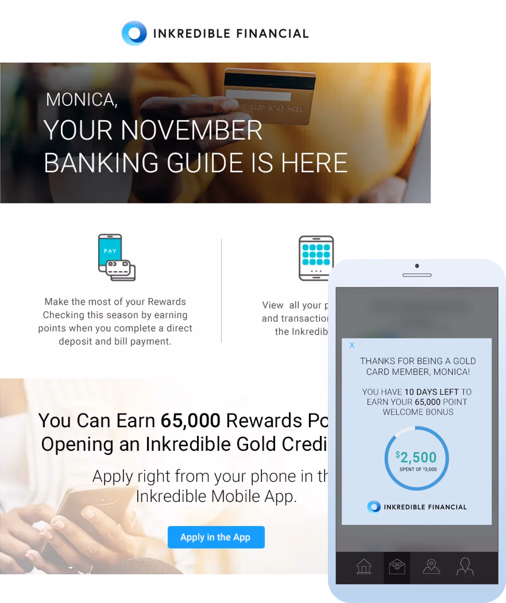 Inkredible Finance email with personalized messaging for Monica